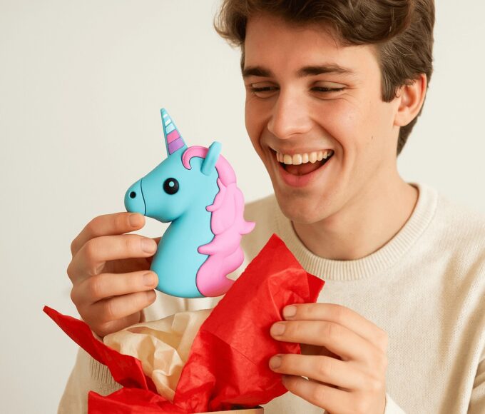 mladý rozbaľuje darček