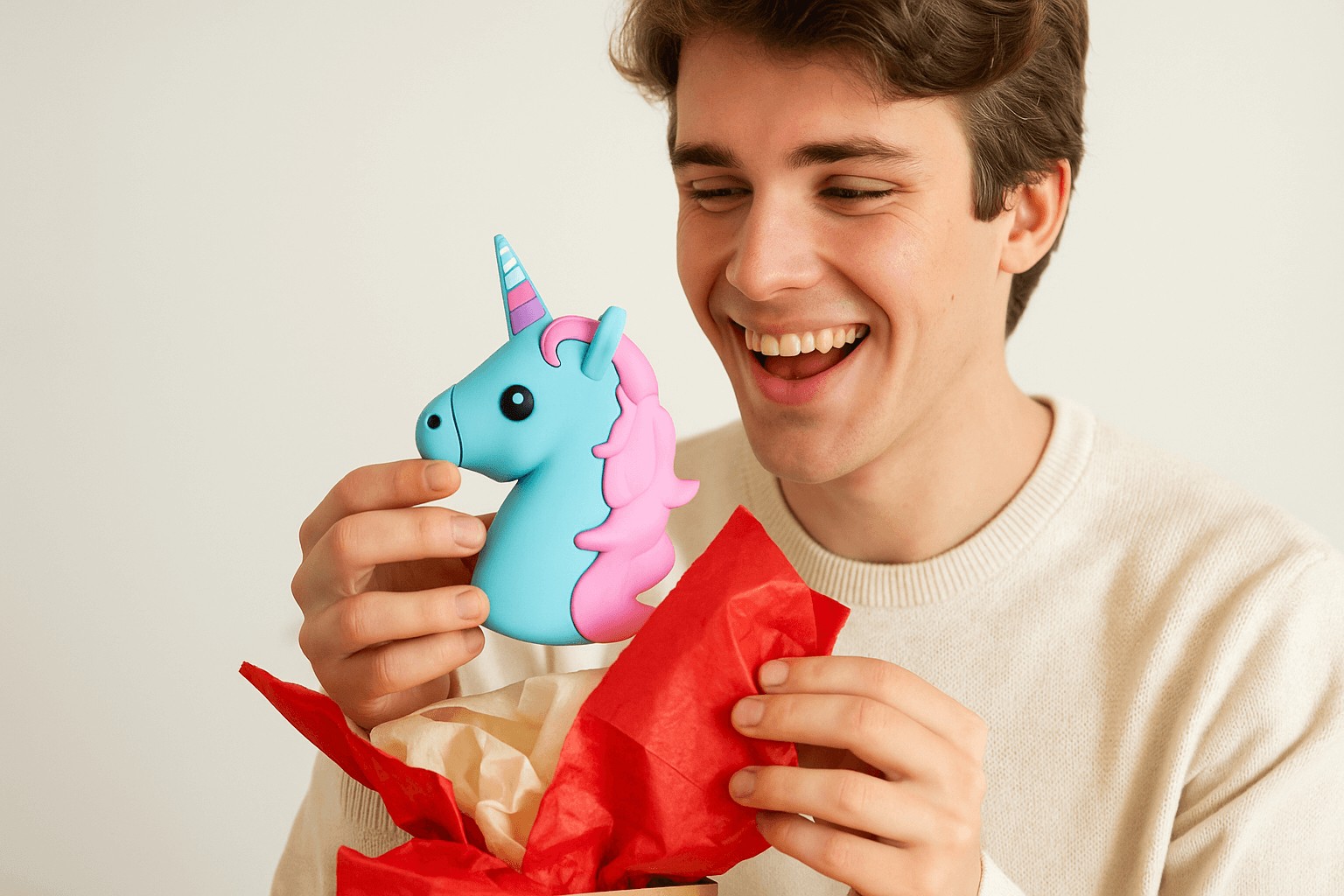 mladý rozbaľuje darček