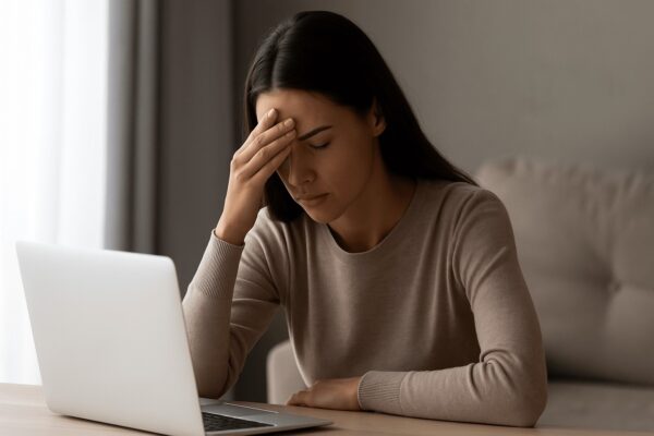 „Unavený mladý človek pred obrazovkou – vizuálne vyjadrenie digitálnej únavy po príliš veľa online čase.”