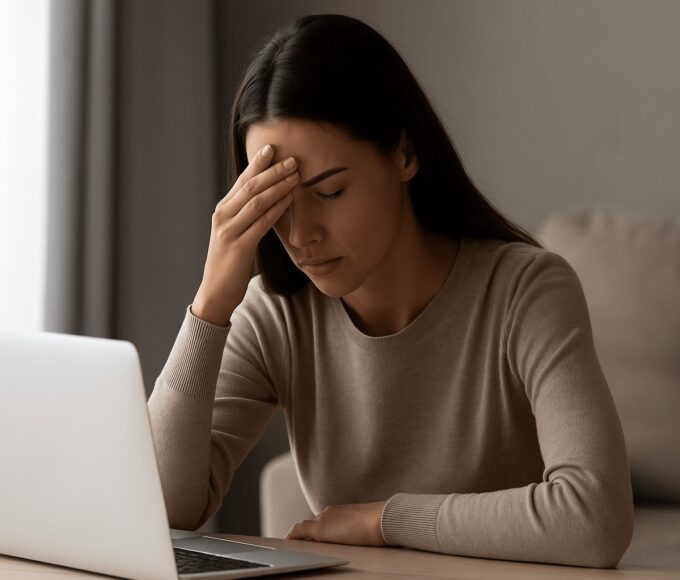 „Unavený mladý človek pred obrazovkou – vizuálne vyjadrenie digitálnej únavy po príliš veľa online čase.”