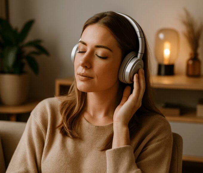 Mladá žena v tichom prostredí relaxuje so slúchadlami – ilustračný obrázok k článku o technológiách na oddych.