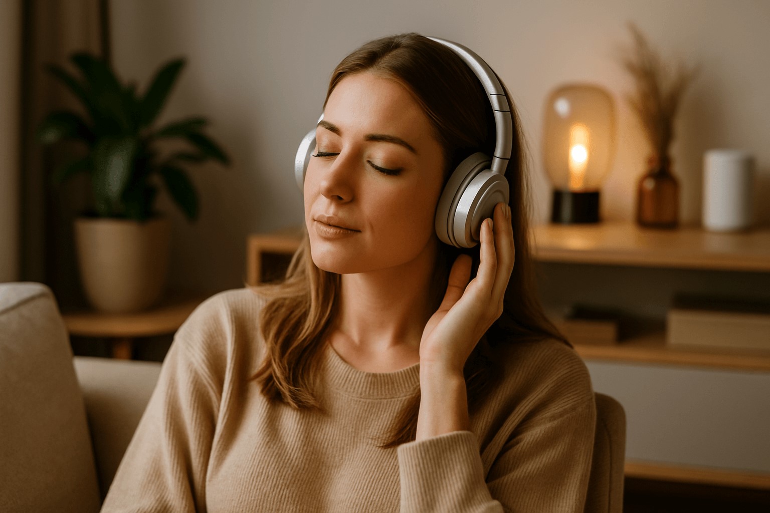 Mladá žena v tichom prostredí relaxuje so slúchadlami – ilustračný obrázok k článku o technológiách na oddych.
