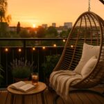 Večerný balkónový život v meste – útulný ratanový hojdací kôš, vankúše, deka, izbové rastliny a svetielka pri západe slnka.