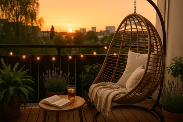 Večerný balkónový život v meste – útulný ratanový hojdací kôš, vankúše, deka, izbové rastliny a svetielka pri západe slnka.